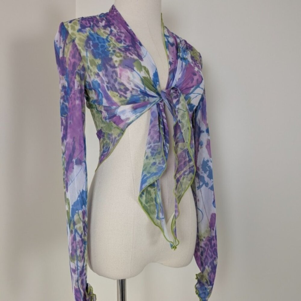 Free with Purchase - Sheer Pastel Long Sleeve Blouse Tie Front Plunge